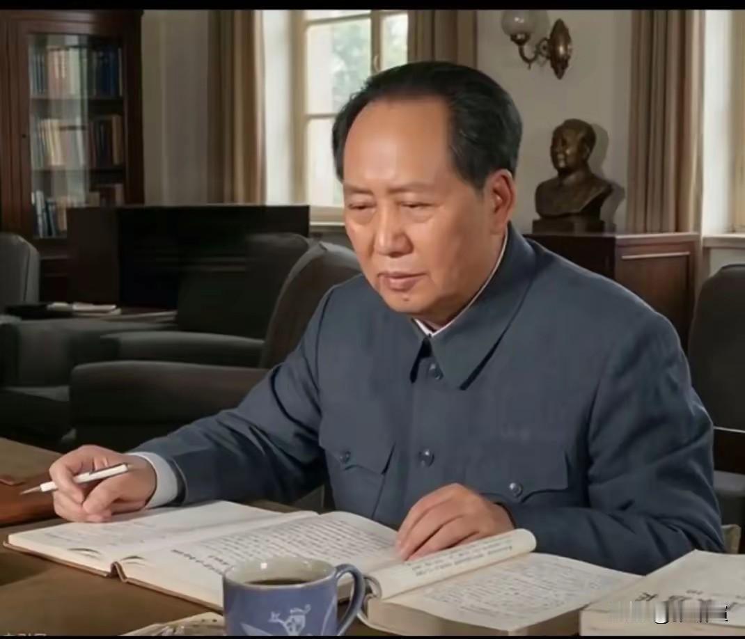 毛主席常常伏案桌前，聚精会神地翻阅文件，在字里行间思索国家的前途与未来 。