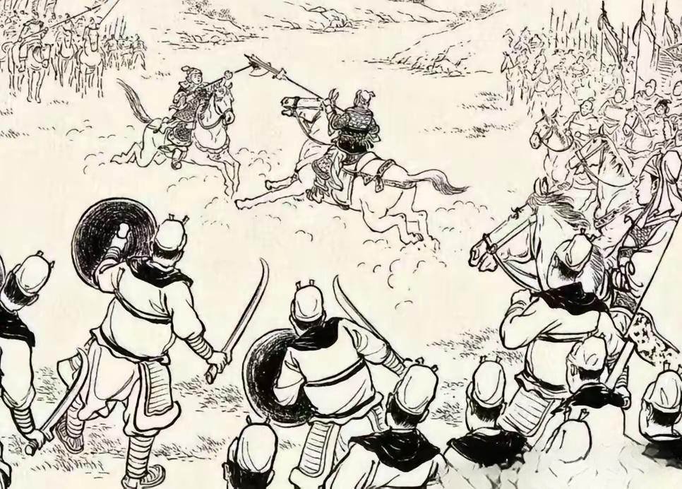 二马盘旋战在一处。此图中两员战将各持兵刃杀的难解难分，两边士兵个个摇旗...