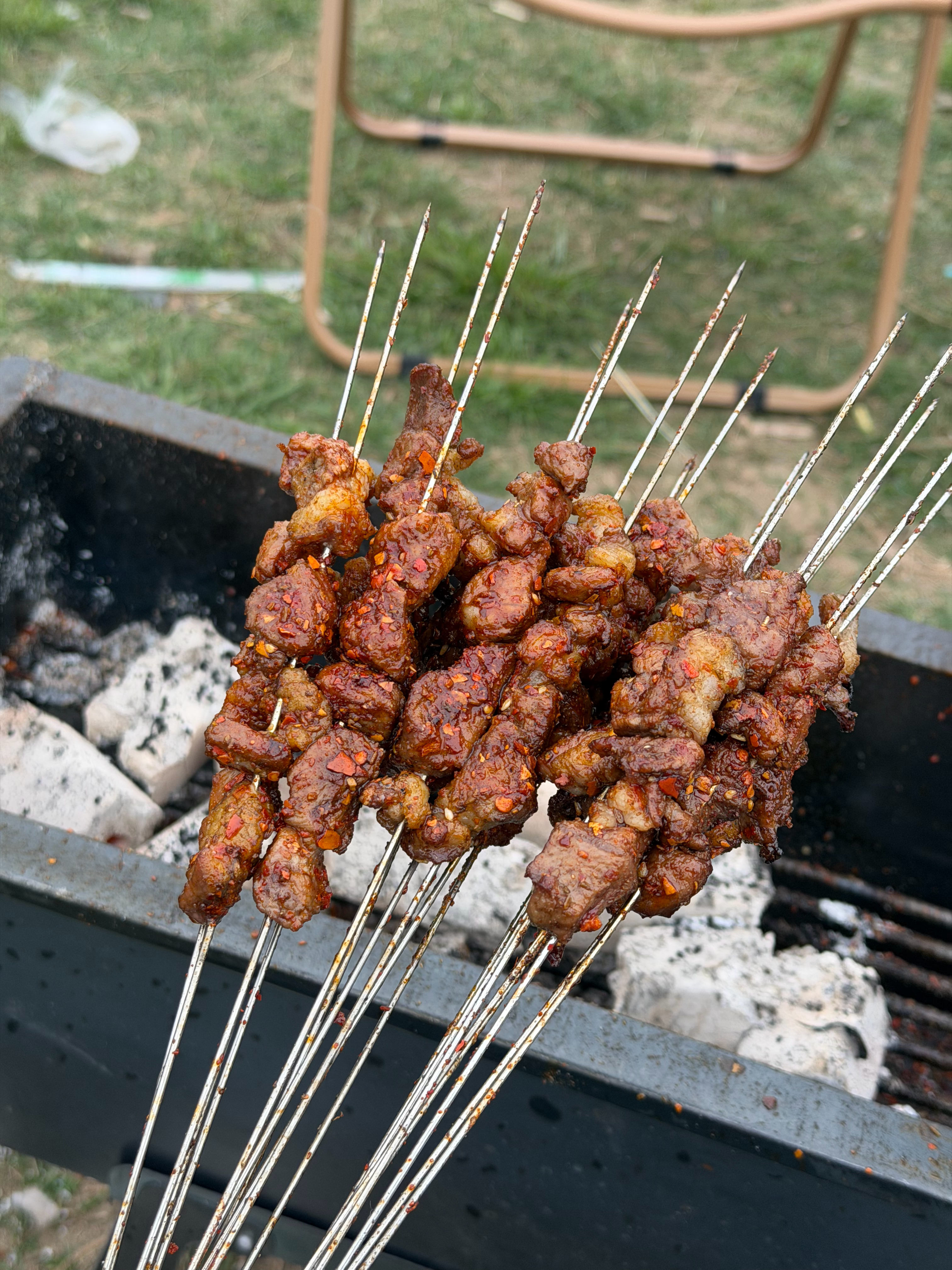 看咱这烤肉的手艺不错吧吃的咔咔快，一会儿就没了 西安