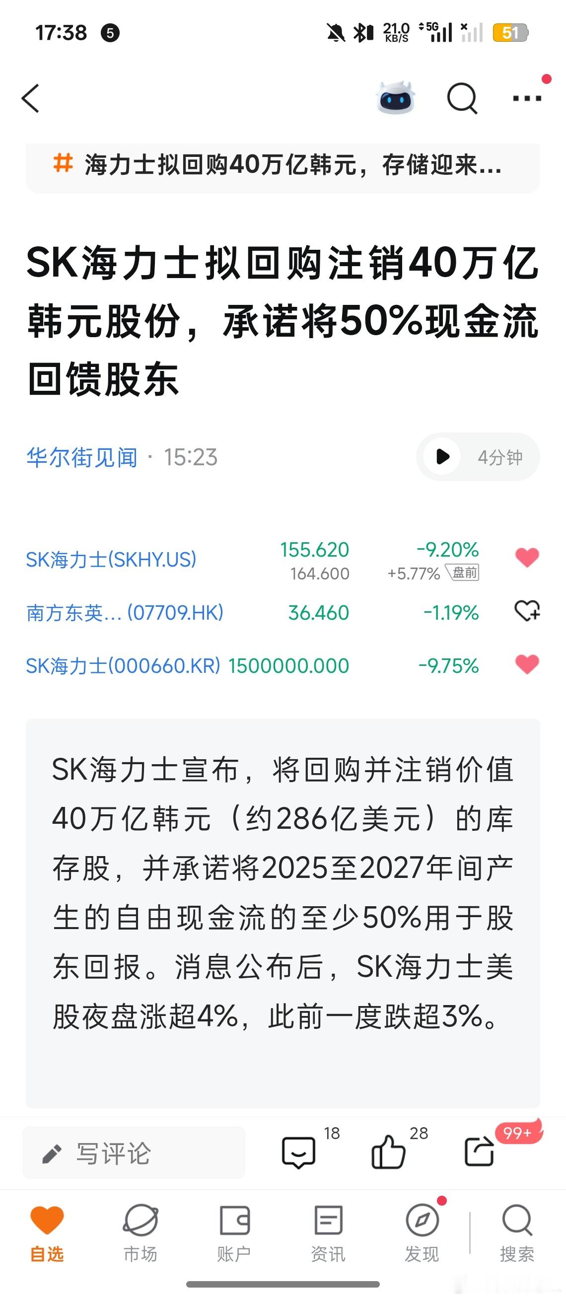 还得是海力士，直接把美股拉起来了海力士sk海力士拟回购40万亿韩元并注销