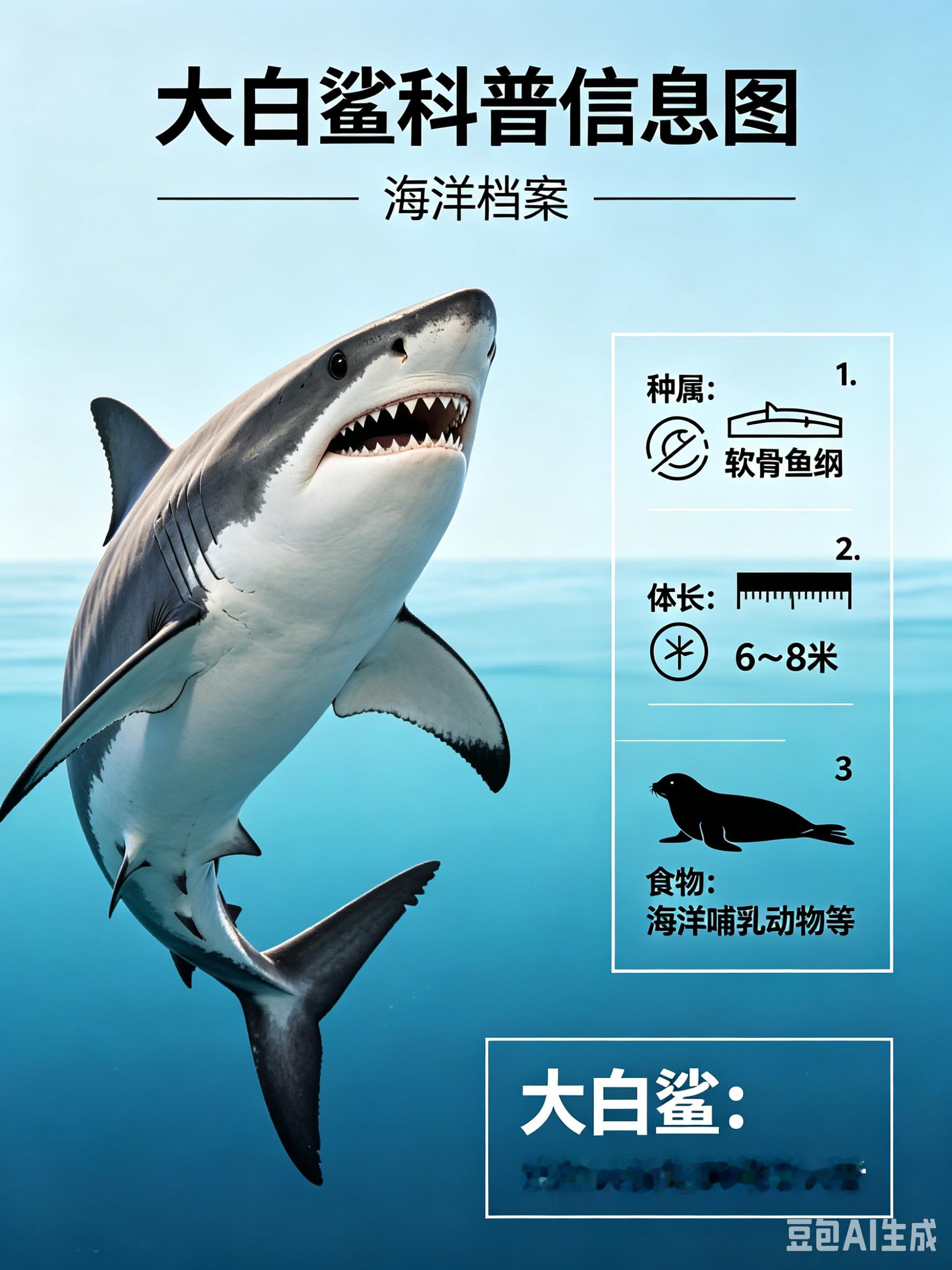 海洋朋友圈 大白鲨海洋档案种　属：软骨鱼纲体　长：6～8米食　物：海洋哺乳动物等