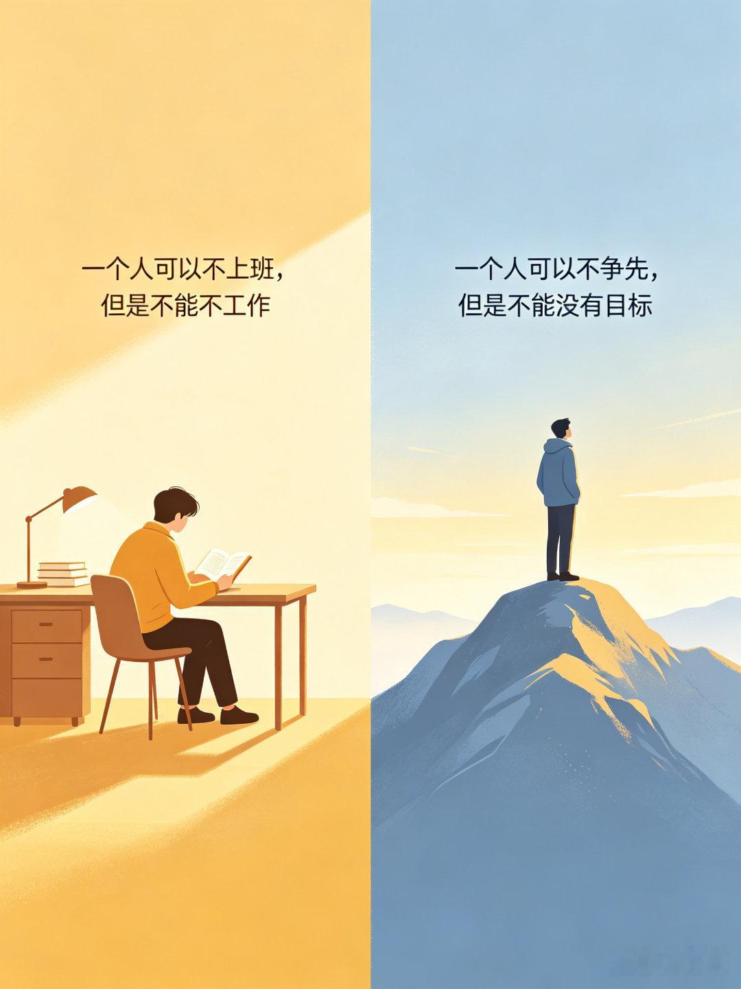 一个人可以不上班，但是不能不工作。一个人可以不争先，但是不能没有目标。 
