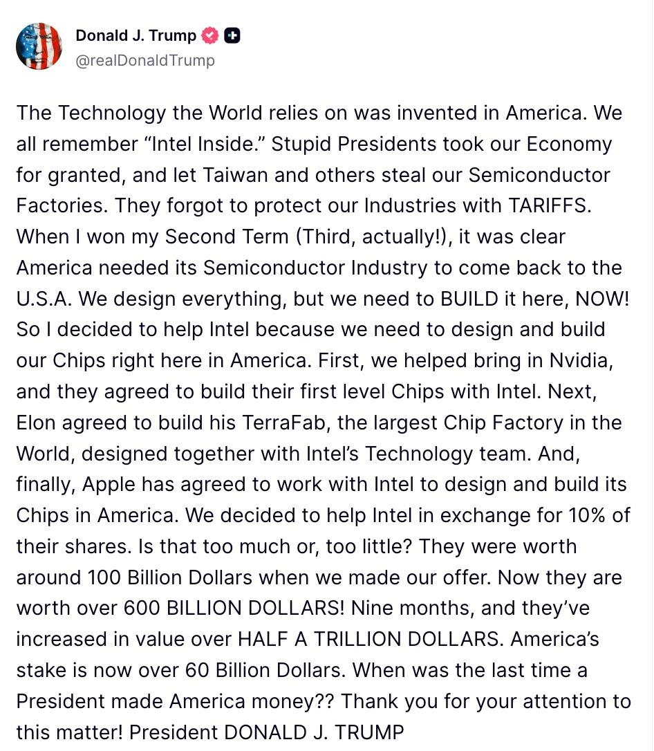特朗普称，自己拿下任期后第一时间扭转这一颓势，核心目标就是推动完整半导体产业链回