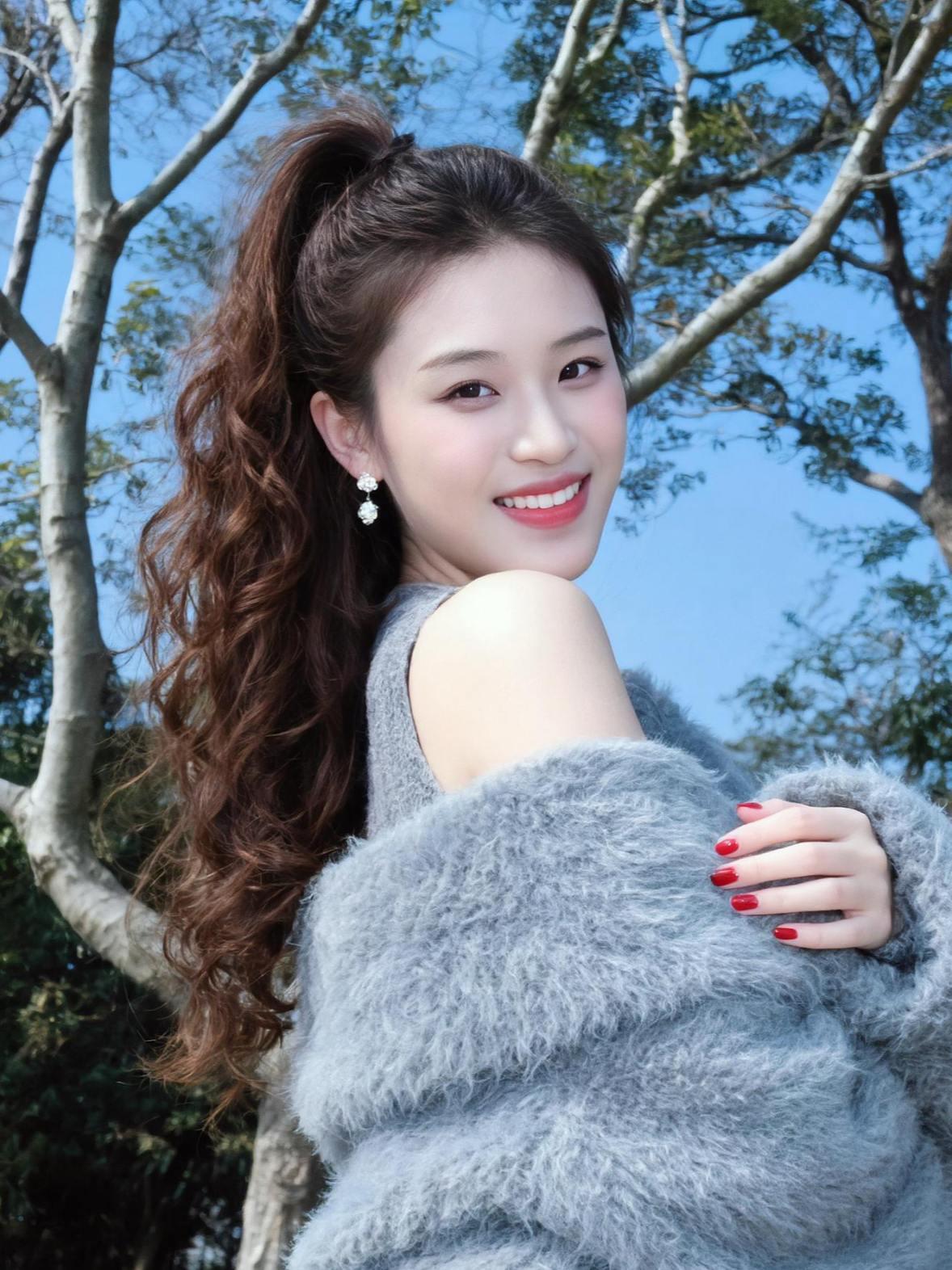在这片温柔的光影中，仿佛时间都放慢了脚步。她的笑容如同冬日里的一缕暖阳，温暖而明