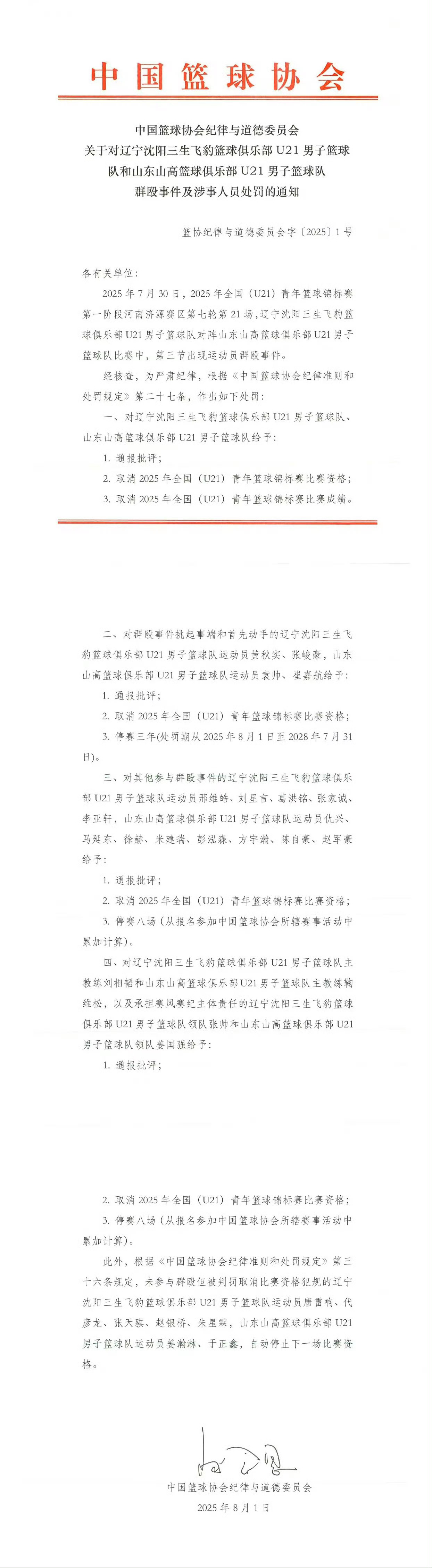中国篮球协会对U21辽宁山东群殴事件作出处罚，有的球员被禁赛三年，处罚还是很严重
