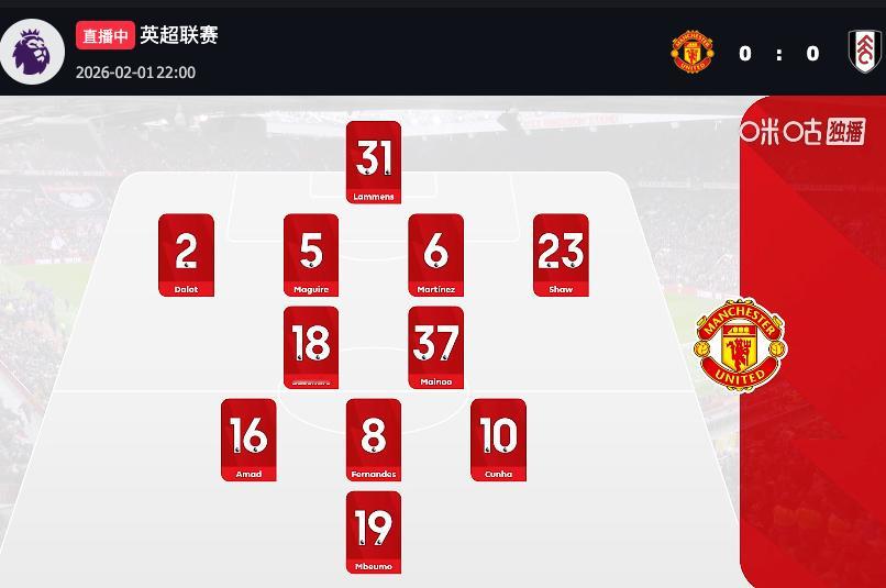 今日首发：拉门斯、达洛特、马奎尔、马丁内斯、费尔南德斯、库尼亚、阿玛德、卡塞米罗