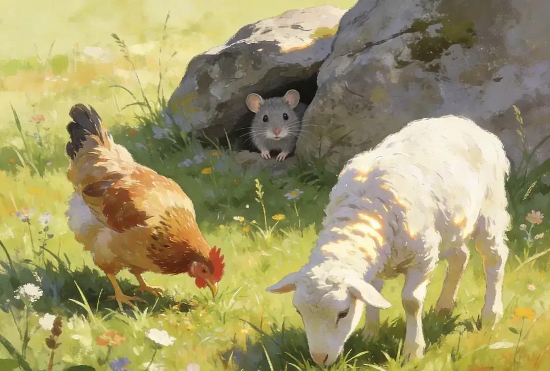 小老鼠在青草地扒拉野穗，耳朵支棱得像天线。

小羊踱步过来，低头嗅嗅，又蜷卧成一