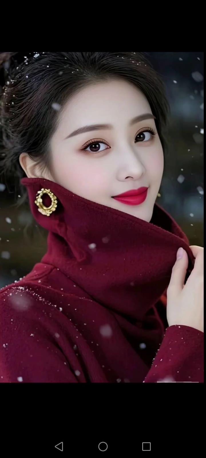 冬日暖阳下的红衣美人，雪中绽放如画卷。