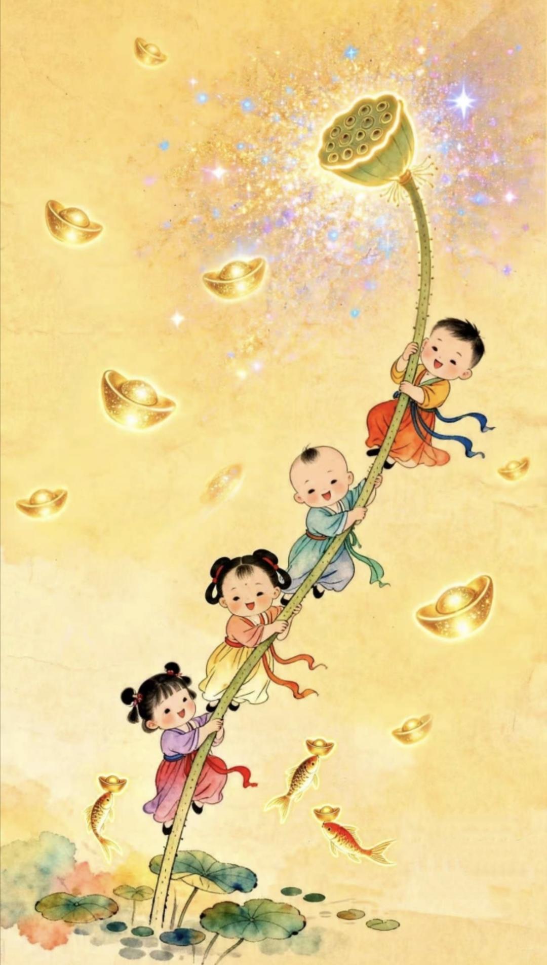 “好运连连·富贵吉祥…”
一杆莲蓬，钓起童年彩虹梦
满池鱼跃，衔来盛世小金鳞
春