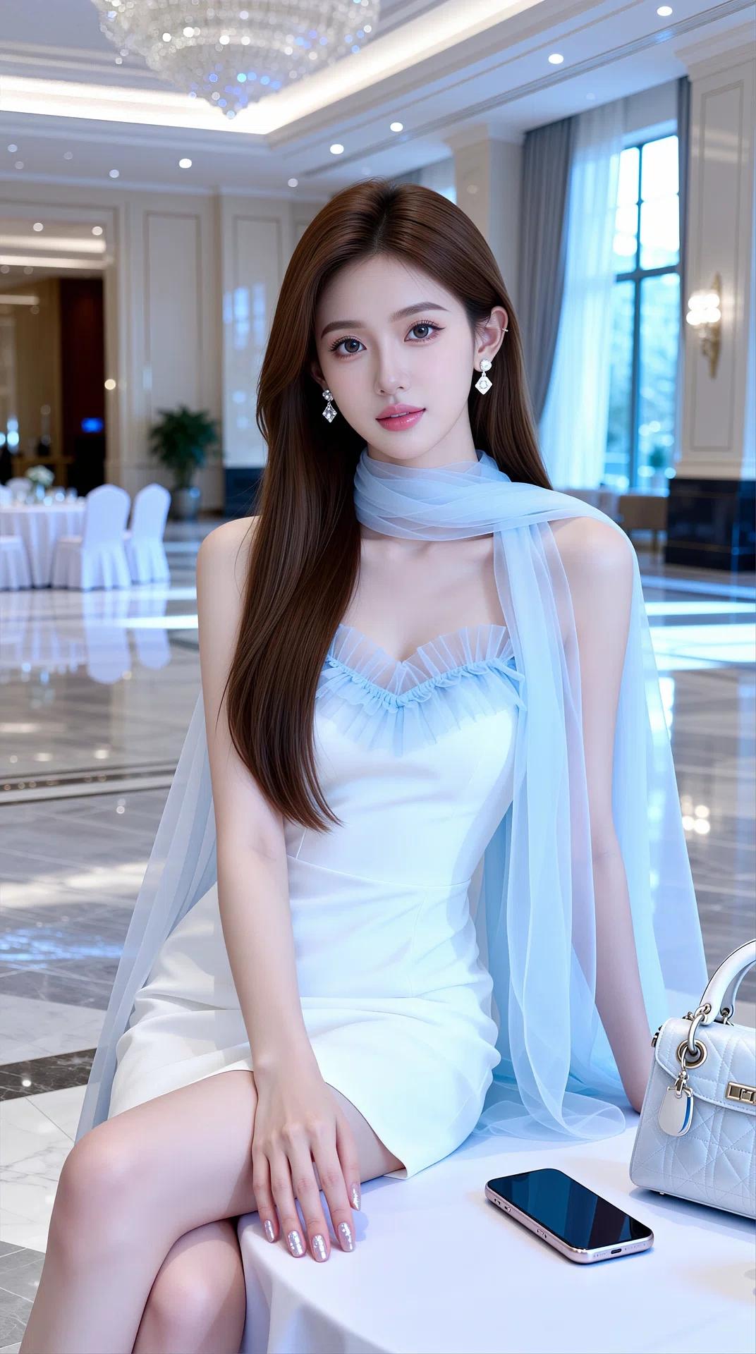 这组照片中的女子身着一袭白色吊带抹胸短裙，宛如坠入凡间的清冷仙女，气质高贵又仙气