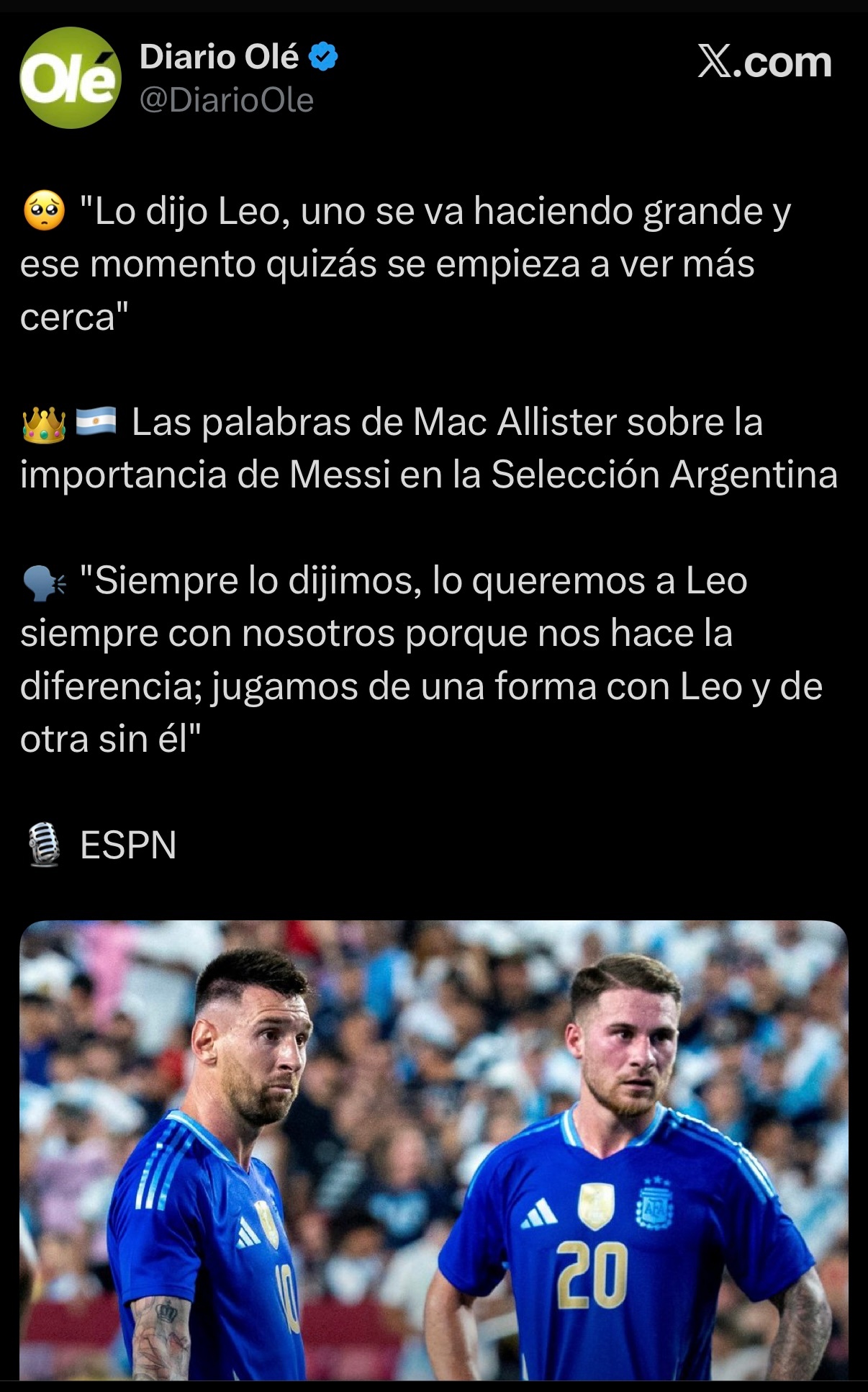🎙关于梅西退役？💬麦卡利斯特：里奥自己也说过，随着年龄增长，也许退役的时机就