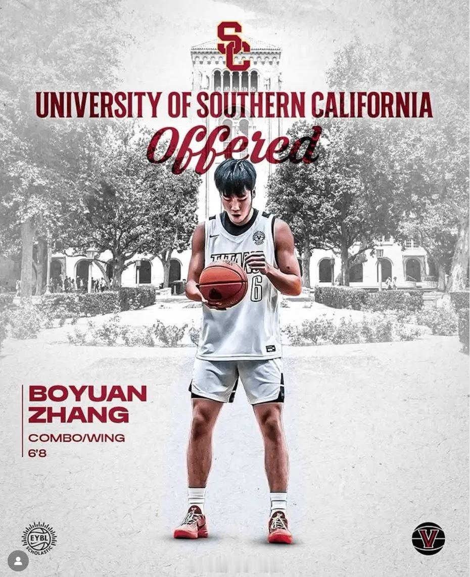 Veritas学院官方社媒更新，晒出中国小将张博源收到NCAA南加利福尼亚大学（