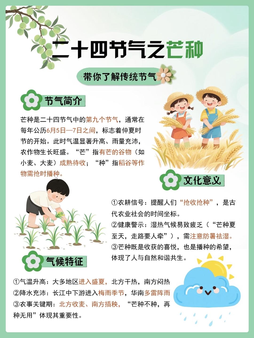 芒种节气科普小课堂，芒种至，夏意浓，风吹麦浪满目金黄，愿所有耕耘皆有收获，时光不
