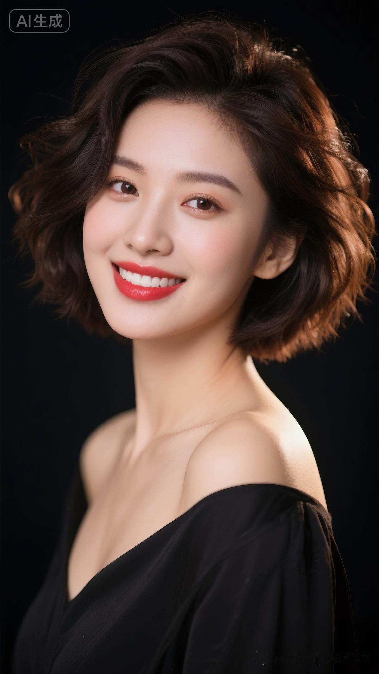 甜美笑容，黑发红唇，优雅迷人！