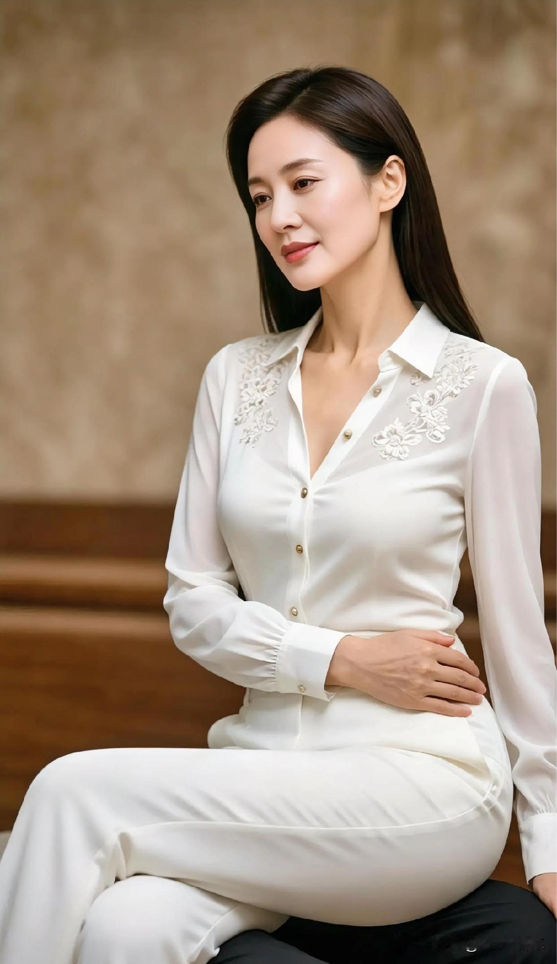 暖棕背景，晕开静谧。
白衫胜雪，刺绣凝露。
纱袖曳光，勾勒优雅弧度；
纽扣轻垂，