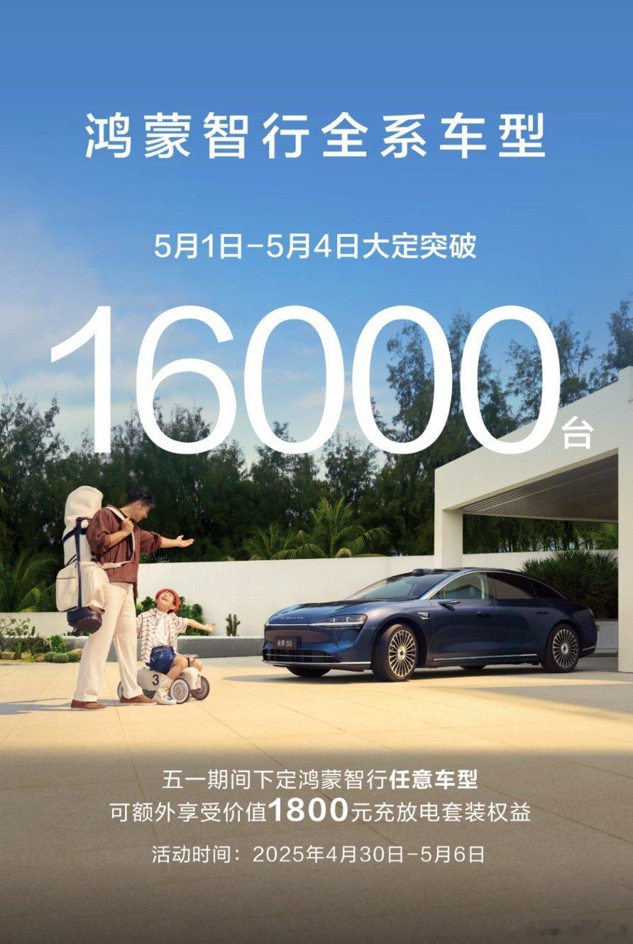 5月1号到4号，鸿蒙智行大定16000台了。官方没有公布详细车型，不过估算一下，