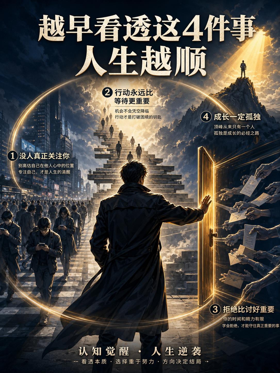 《越早看透这4件事，人生越顺》。【01｜没人真正关注你】 很多人的痛苦...
