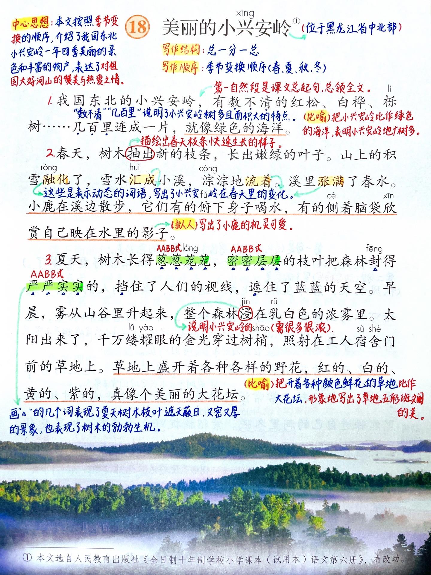 三年级上册语文《美丽的小兴安岭》笔记。 课后习题：你的家乡哪个季节最美...