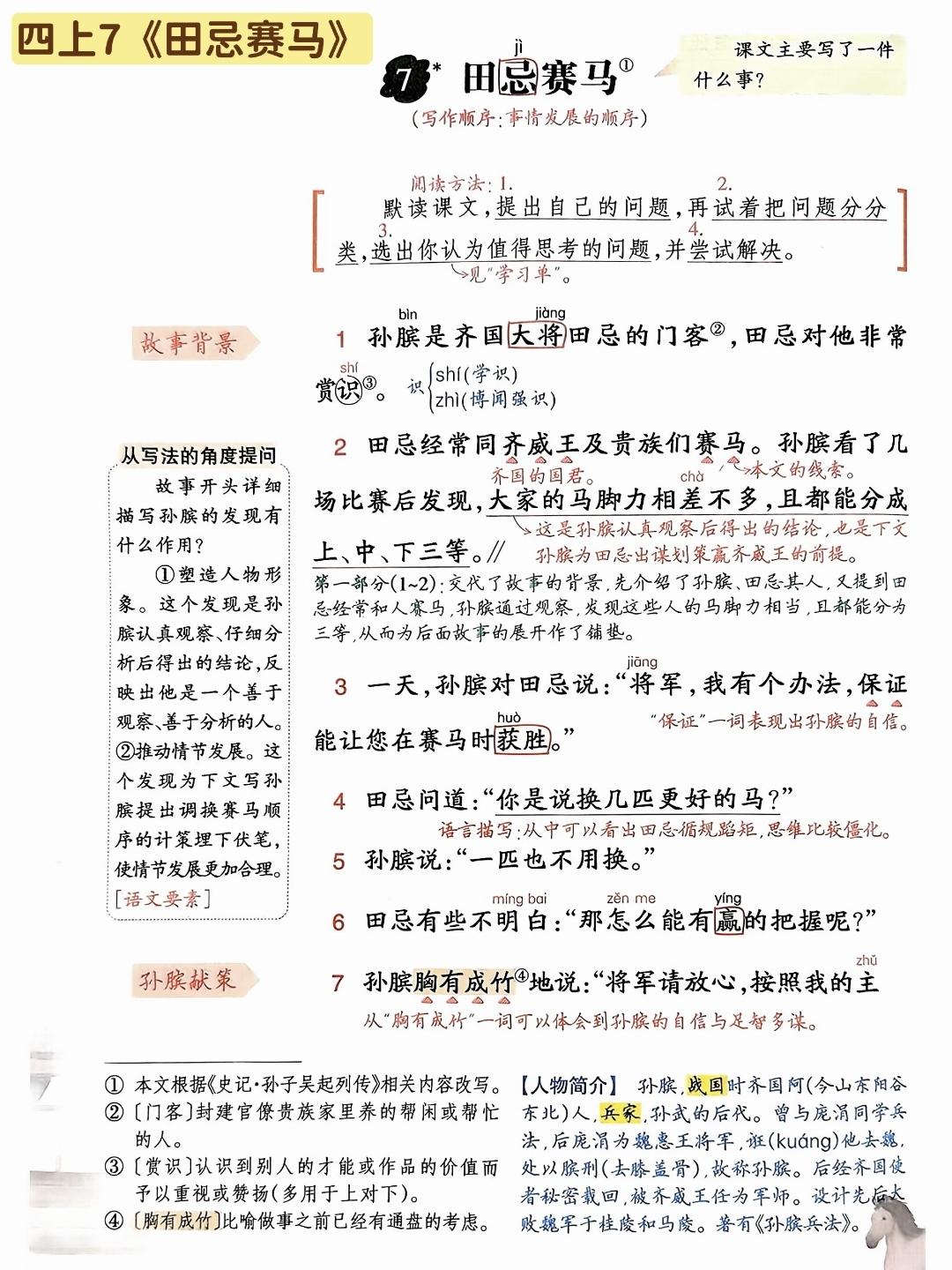 四年级上册语文，第二单元阅读7《田忌赛马》课堂学习笔记，暑假收藏预习~