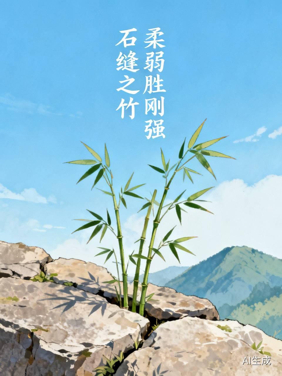 石缝之竹
一粒竹种落在岩石缝隙中，没有沃土，也没有充足阳光。它不抱怨命运，只把根
