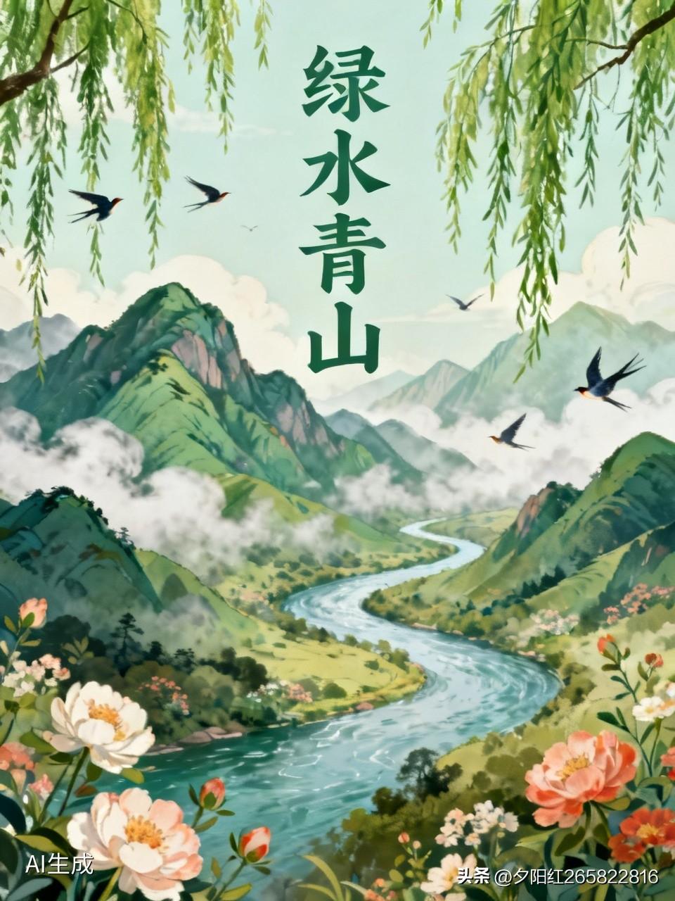 绿水青山
青山连绵入云间，
绿水悠悠映碧天。
翠影婆娑风弄柳，
繁花绚烂鸟啼欢。