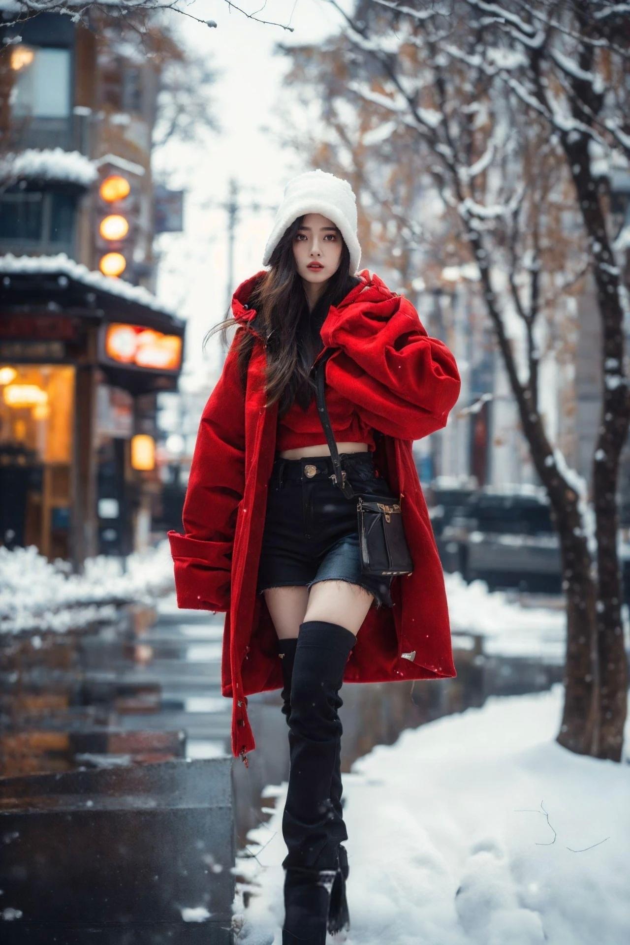 冬日雪景中的时尚少女，红衣白帽，尽显冬日魅力！🌨️👗👒