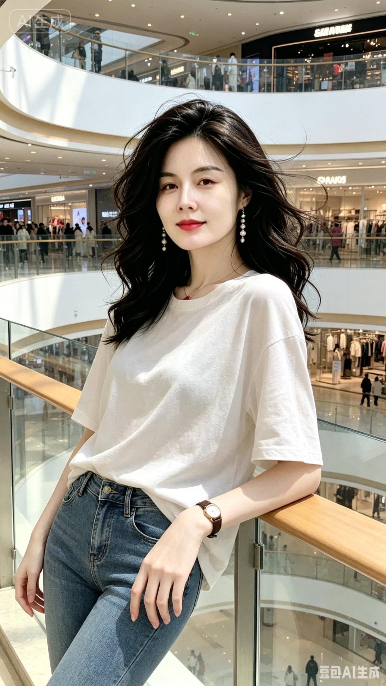 白t牛仔裤 穿搭无年龄界限 商场拍照
