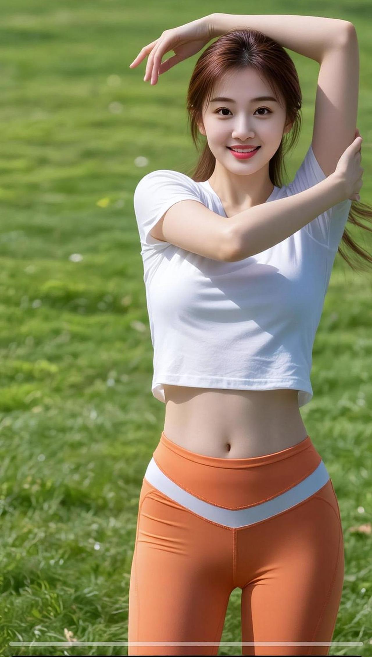 AI草地健身照 抖音ai创作 瑜伽裤 运动健身穿搭