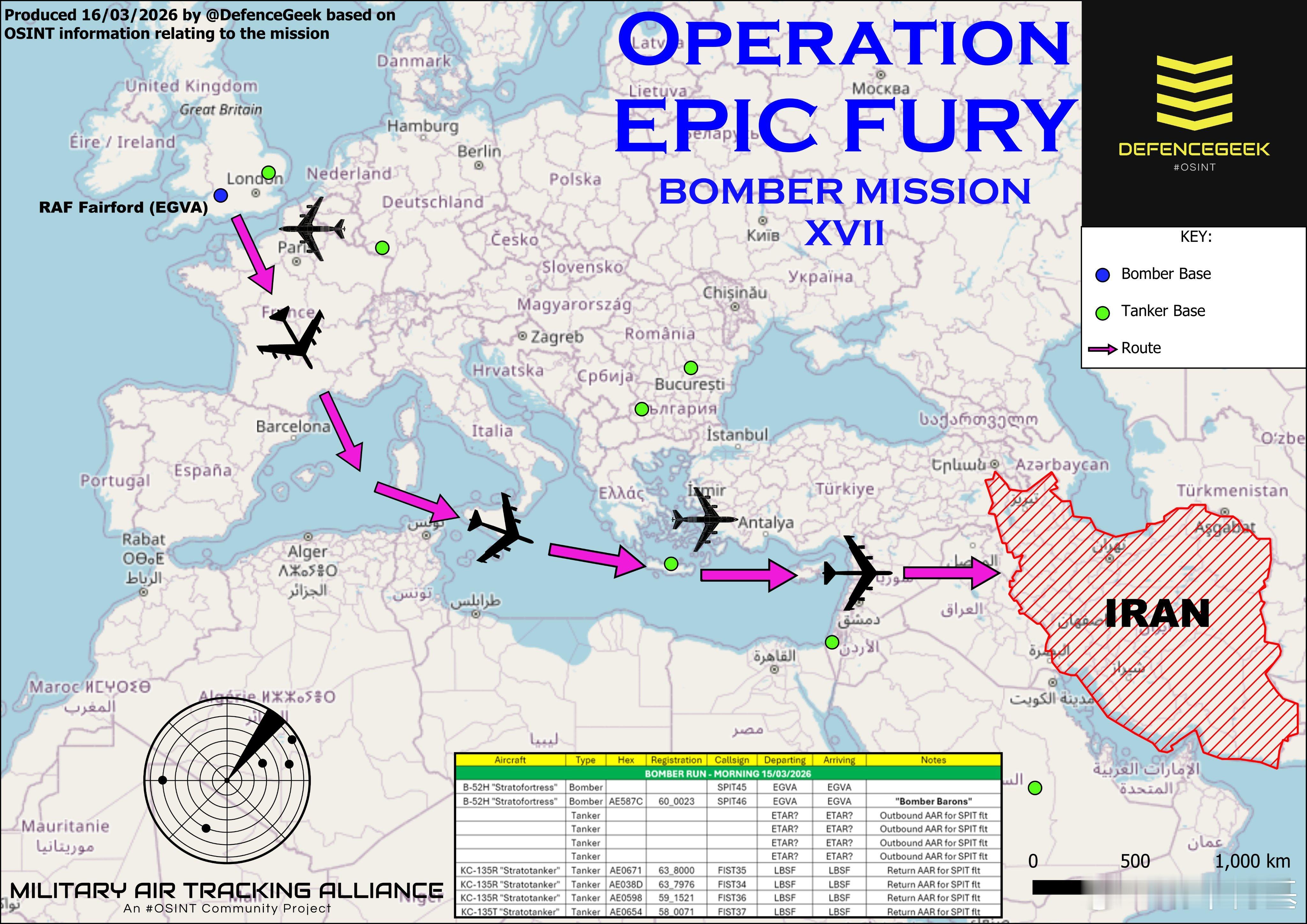 3月15日，在各8架KC-135的陪同下，2架B-1B和2架B-52H分别对伊朗