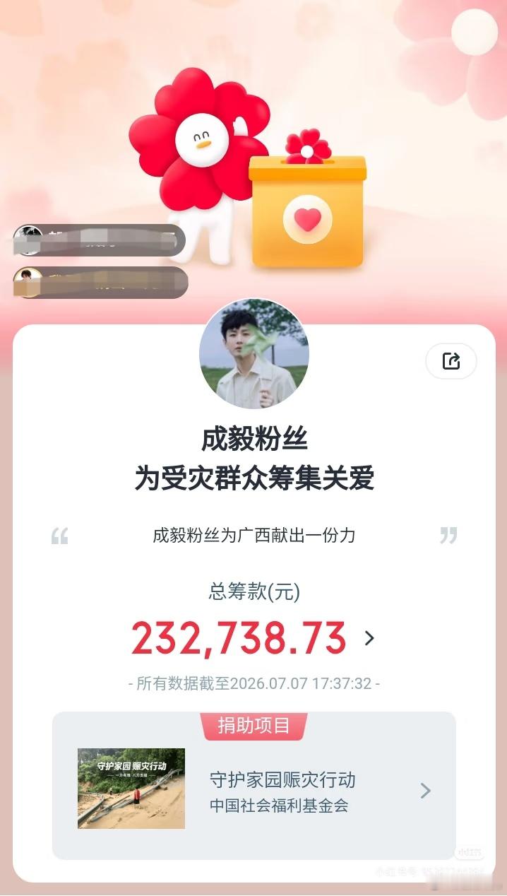 截止目前为止成毅粉丝已为广西捐款 36 万 