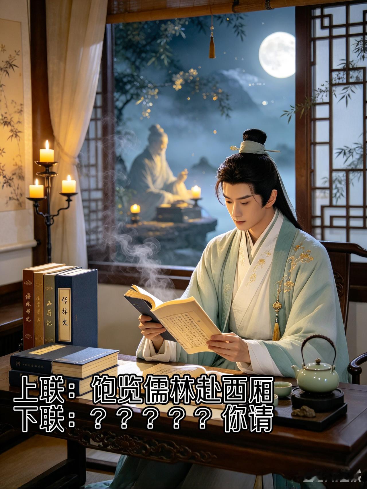 双关两典，看透世态与情缘

上联：饱览儒林赴西厢
下联：？？？？？你请

嵌入书
