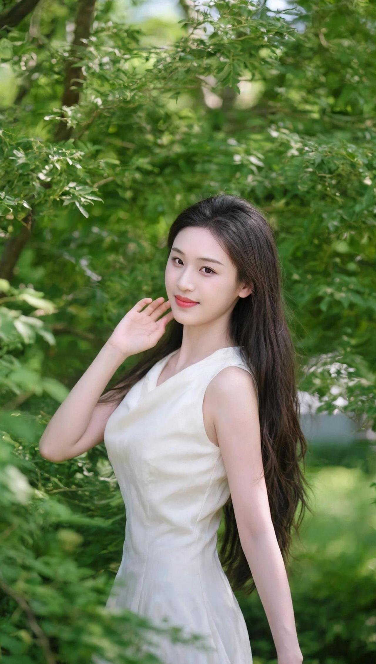 阳光透过树叶洒下斑驳光影，白色连衣裙在微风中轻轻飘动，仿佛大自然也为这瞬间按下暂