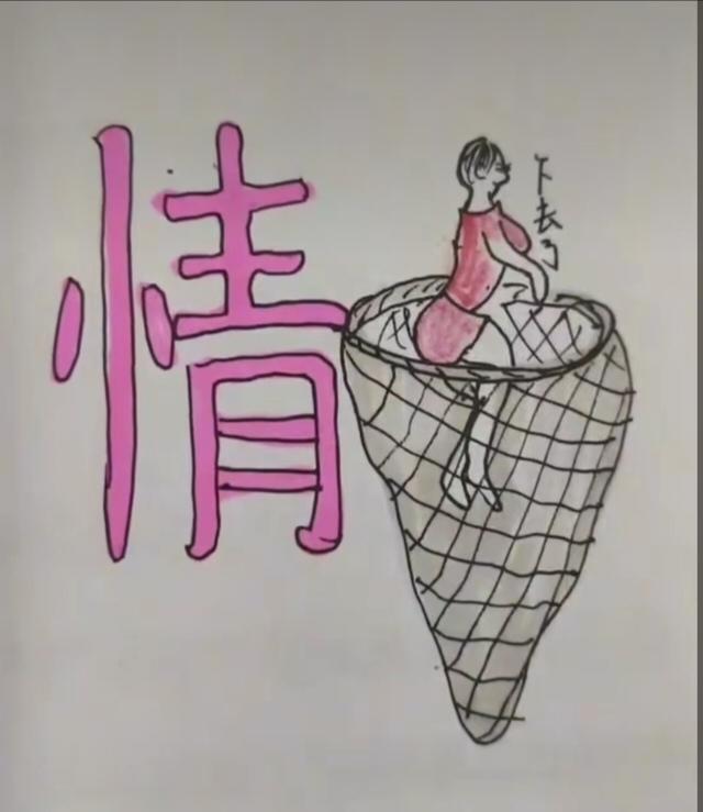 〔看图猜成语〕
图中画面真精彩；
鱼网里面有美人；
旁边还有汉字情；
谐音猜个成