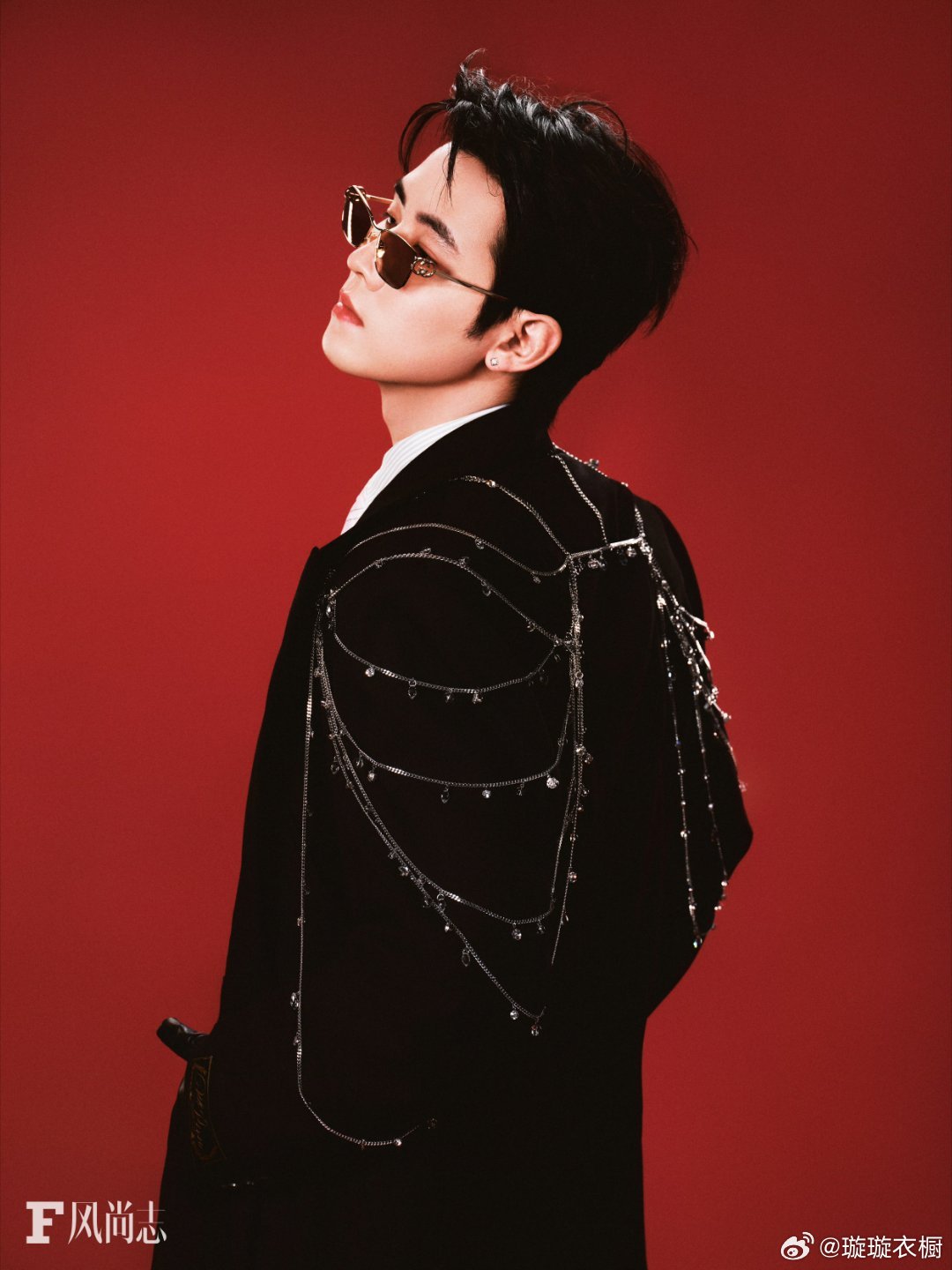 任豪棕镜半掩星眸，皮革手套轻叩时光节拍，红绸如焰缠绕锋芒毕露的轮廓。白犬与暗纹西