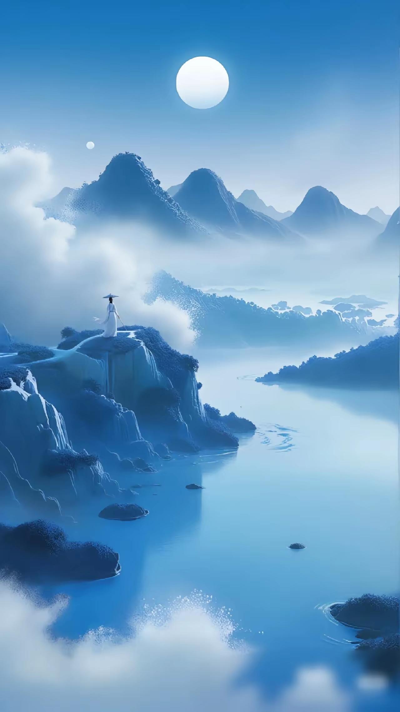 云雾缭绕的山水间，一位白衣女子静立悬崖，仿佛在等待着什么。