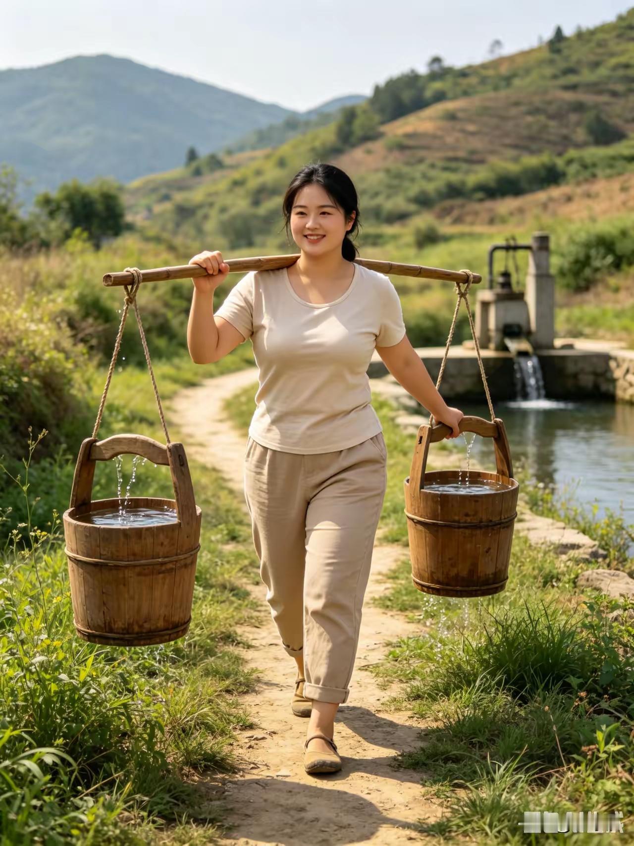 妹子提着两桶水，笑得真开心。
