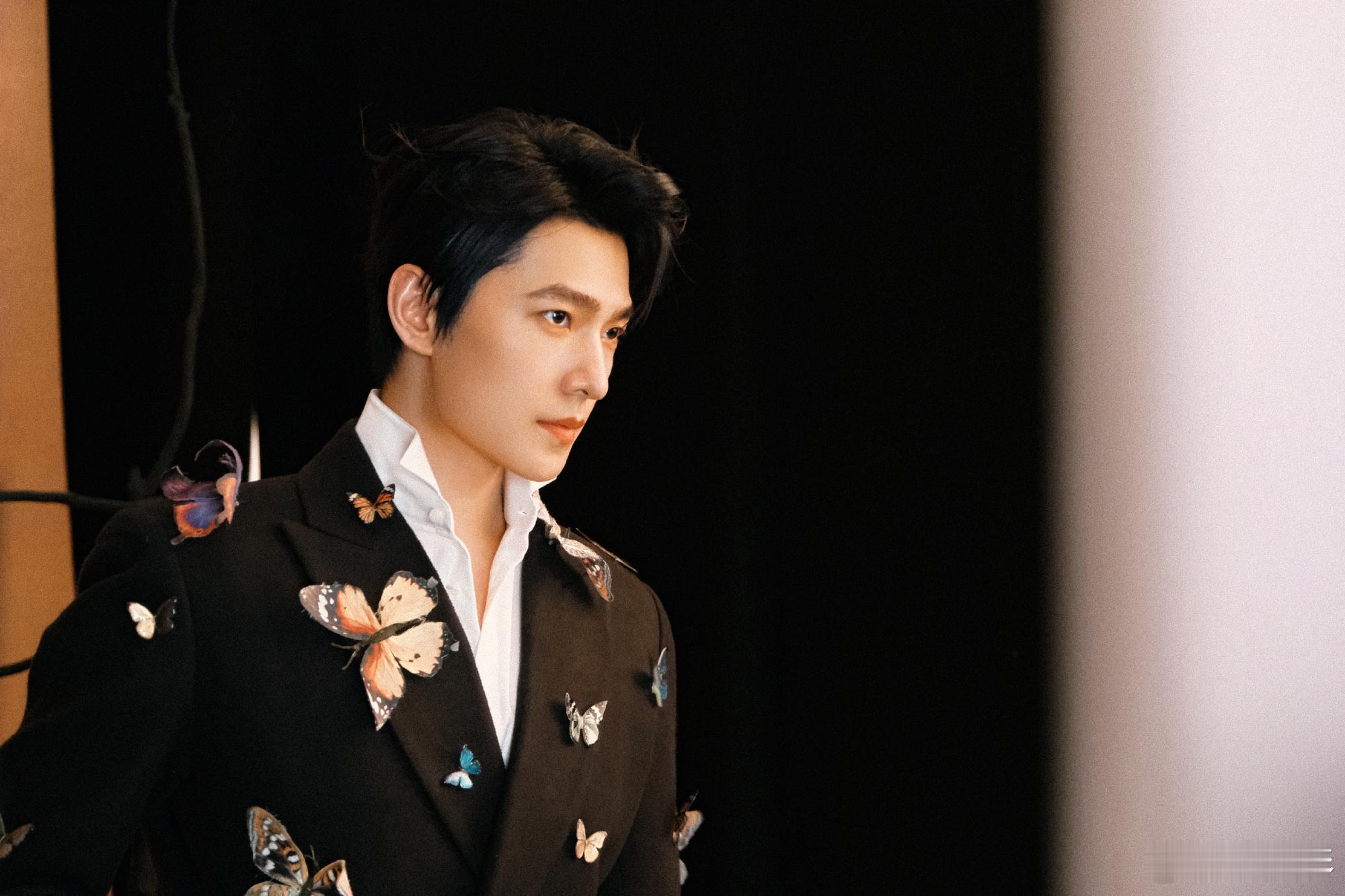 连蝴蝶都偏爱杨洋 连蝴蝶都偏爱杨洋，黑色西装上面的蝴蝶真的是栩栩如生呀，完全就好