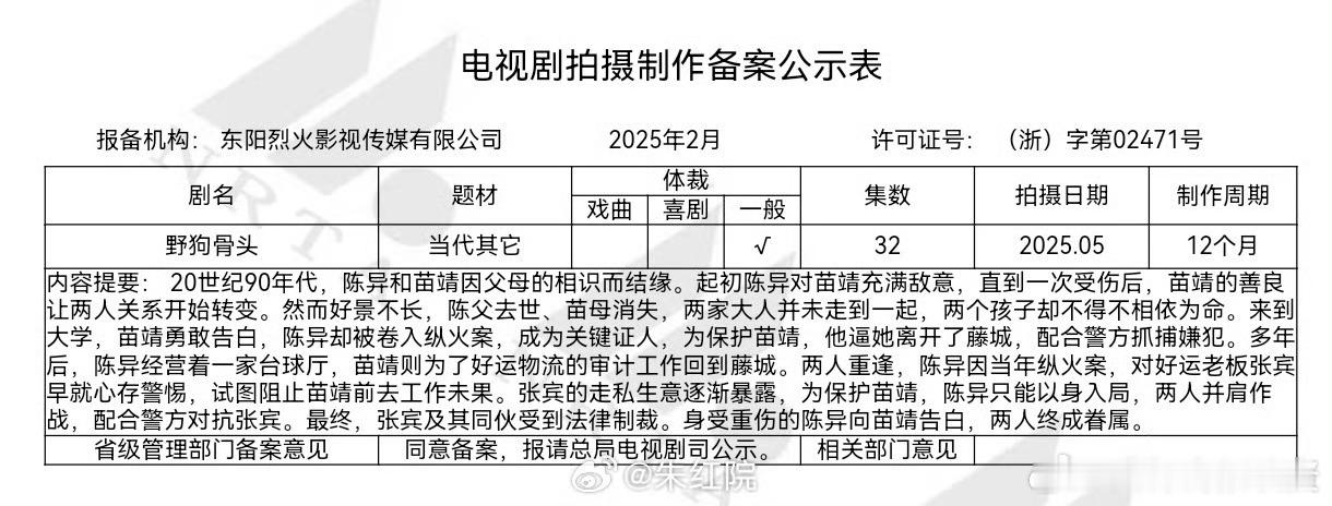 野狗骨头备案电视剧《野狗骨头》备案，拍摄日期2025年5月，网传由宋威龙、张婧仪