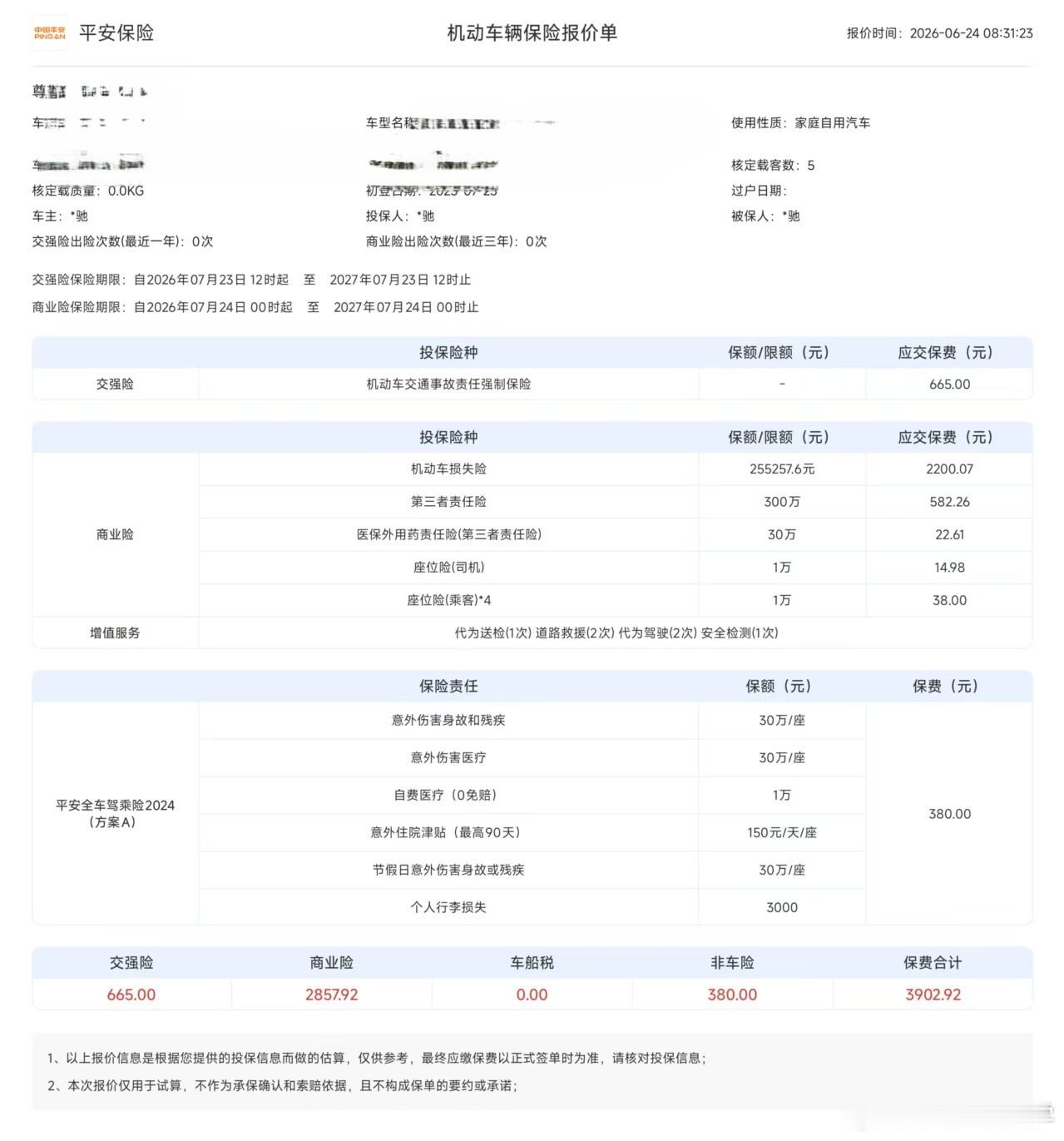 我的2023款ES6第四年保费出来了，商业险2800多元，对于这样一款车来说这个