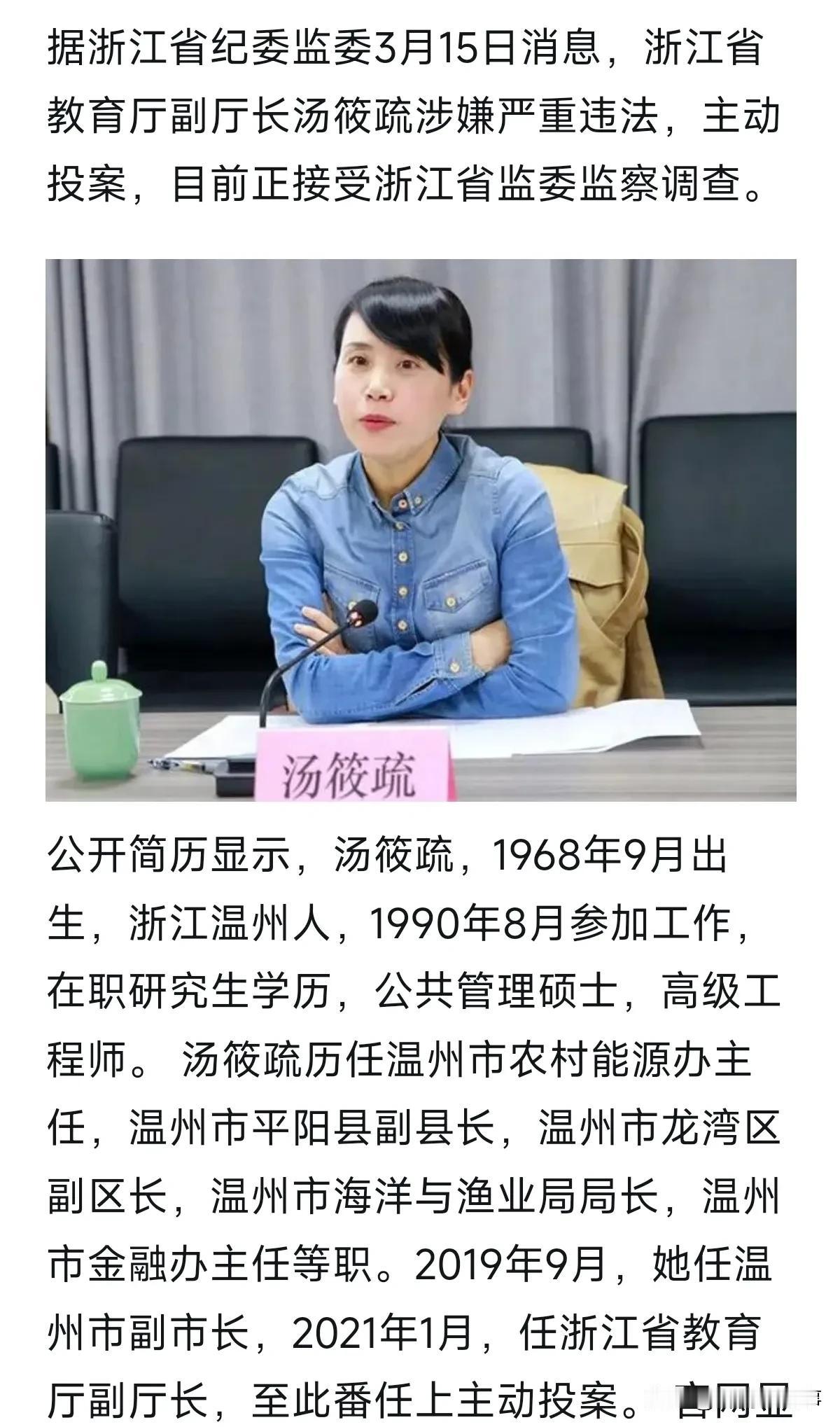 美女厅长汤筱疏主动投案了，1968 年出生的她是硕士毕业，高级工程师，历任温州龙