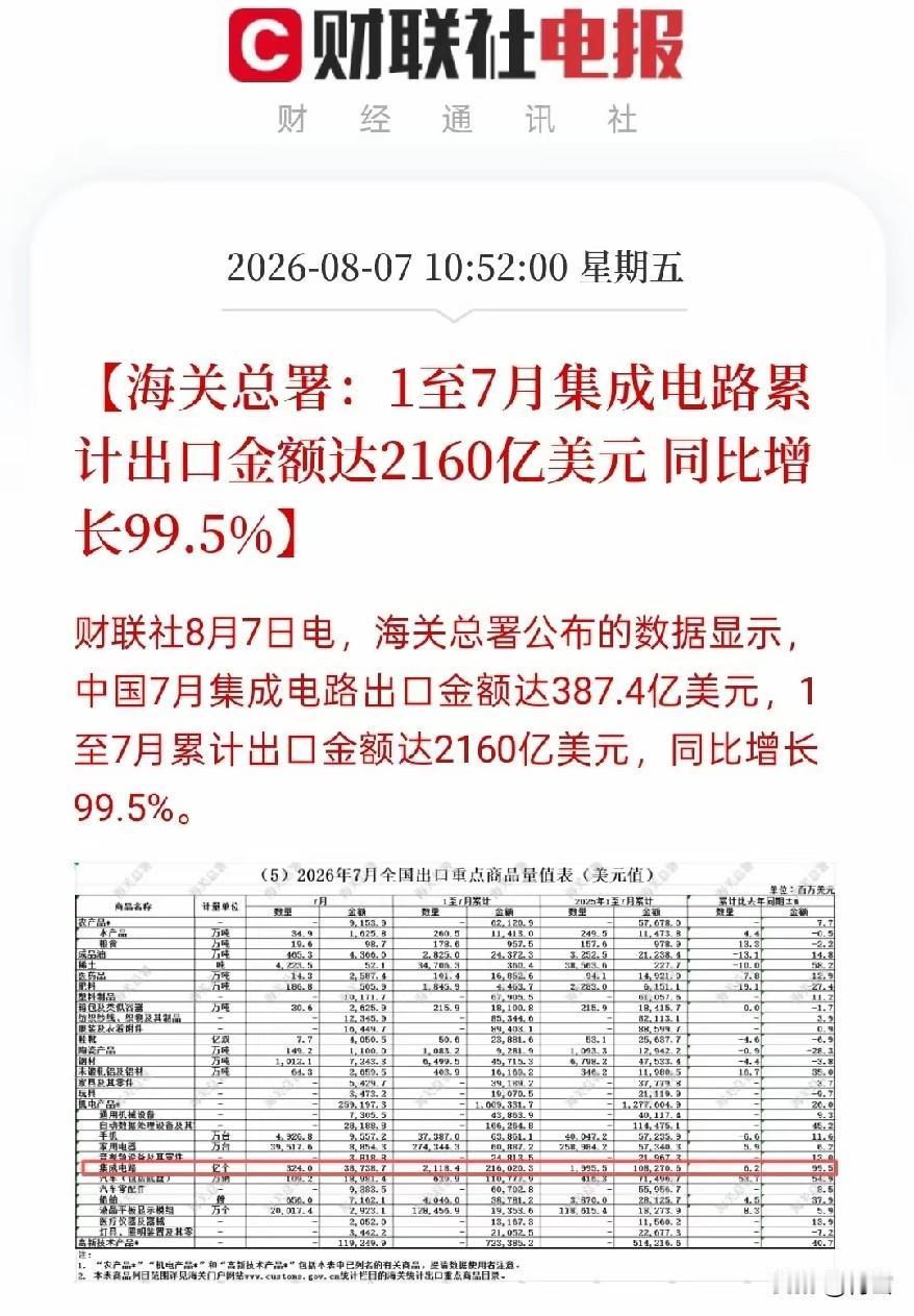 凡是敌人打不死的，只能使我更强大！中国集成电路（芯片）出口前7个月翻了一倍！
海