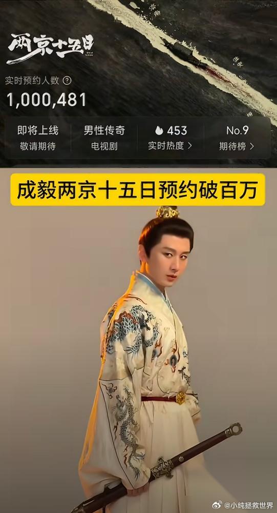 一部剧，预约破100万，话题阅读超16亿。 成毅的《两京十五日》，还没播，看着要