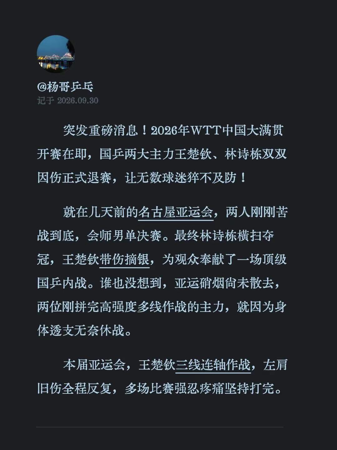 突发重磅消息！2026年WTT中国大满贯开赛在即，国乒两大主力王楚钦、林诗栋双双