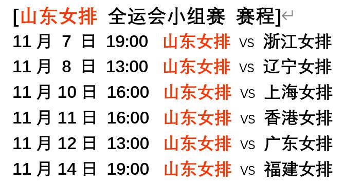 全运会｜山东女排小组赛赛程

山东女排第十五届全运会小组赛赛程：
11月7日19