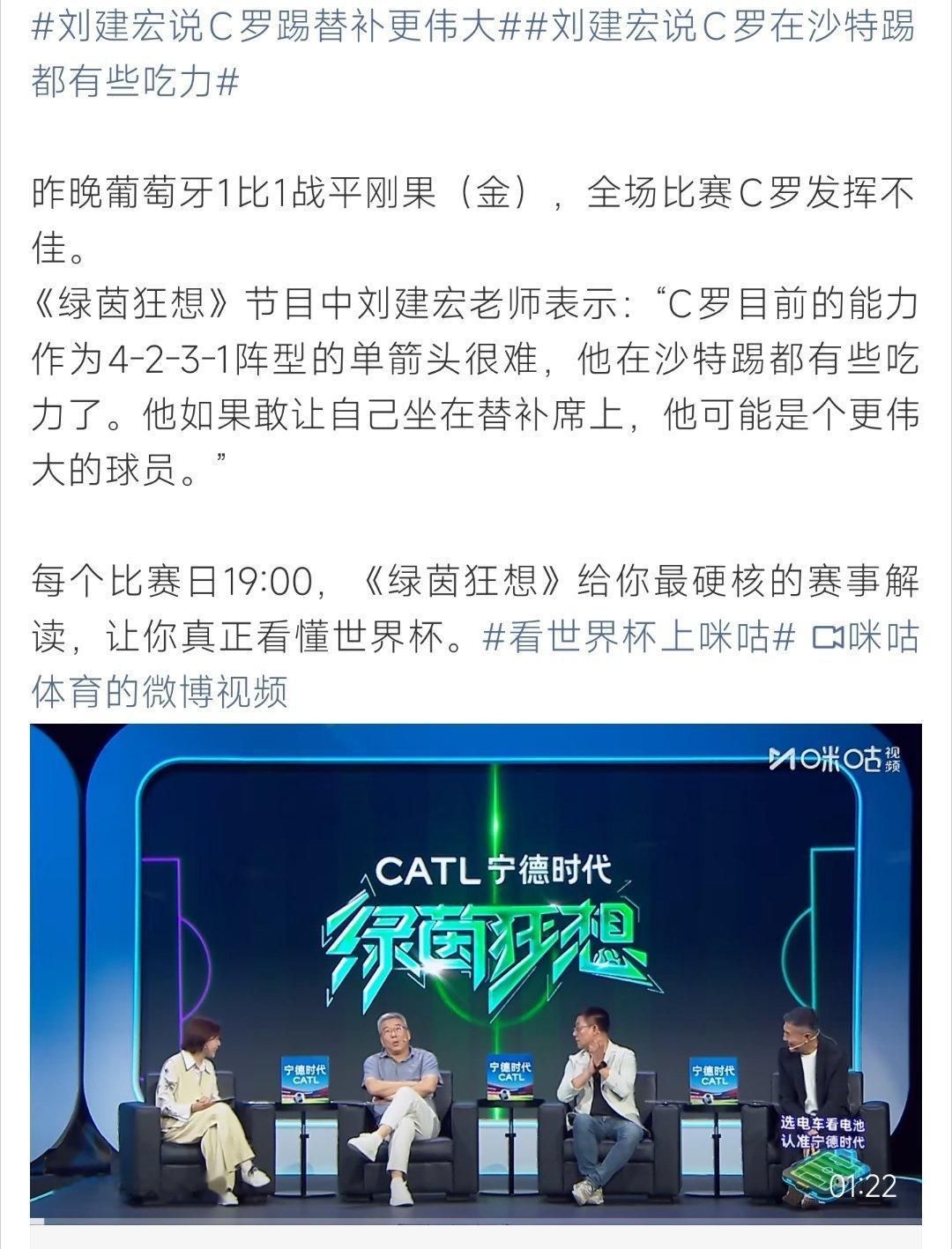 刘建宏说C罗在沙特踢都有些吃力谈及C罗赛场状态，刘建宏直言其征战沙特已略显吃力，