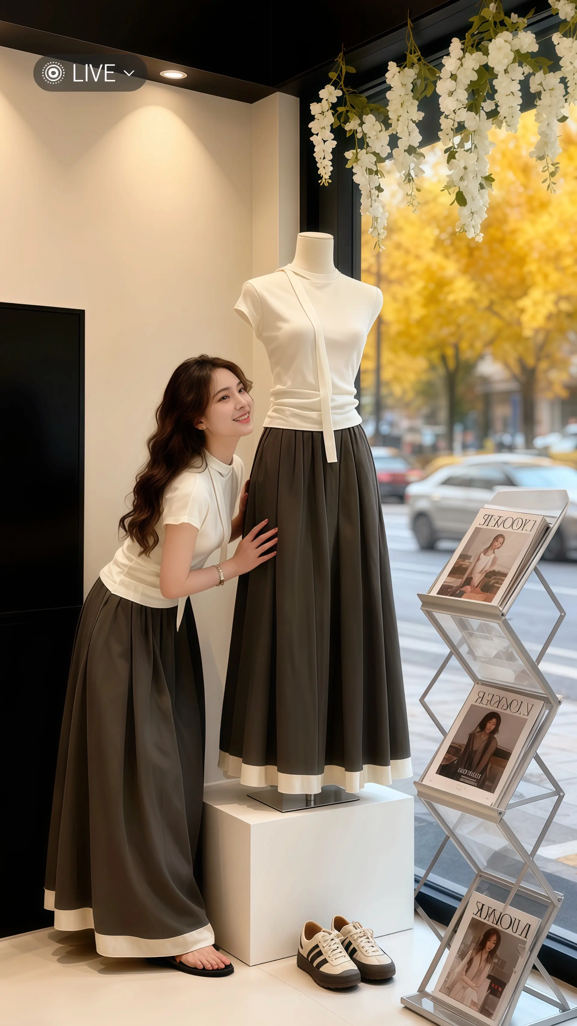 她身着韩系飘带露肩短袖搭配灰色半身裙两件套，于高级感女装店的落地窗前...