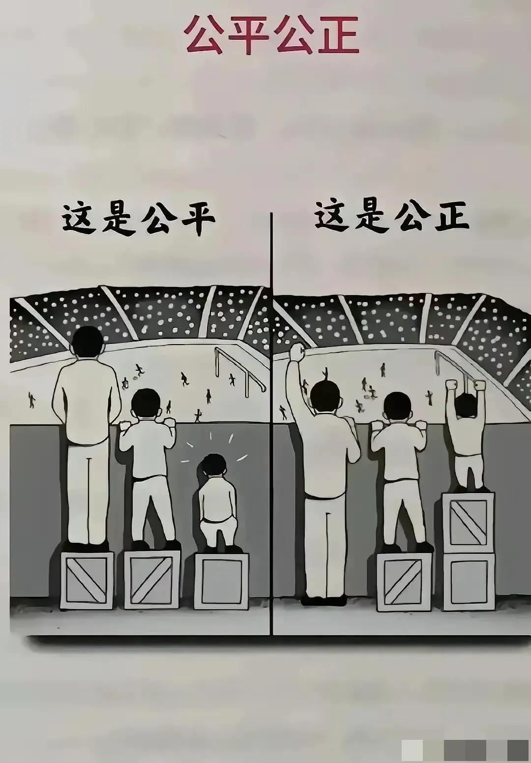 社会不仅要公平，还要公正。
什么是公平？什么是公正？请看我发的这张图，请各位看官