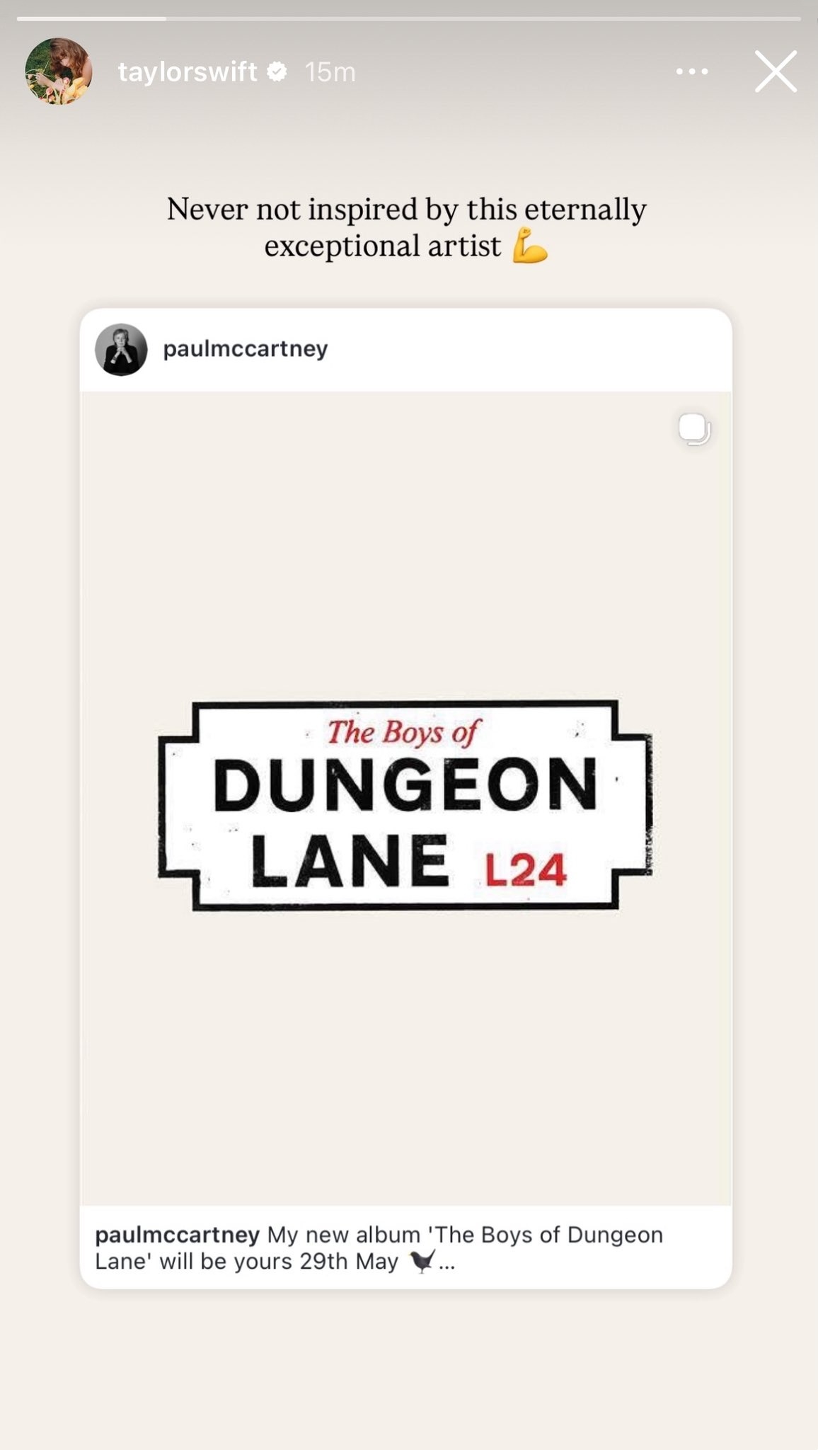 霉霉 Taylor Swift 通过IG Story分享了Paul McCart