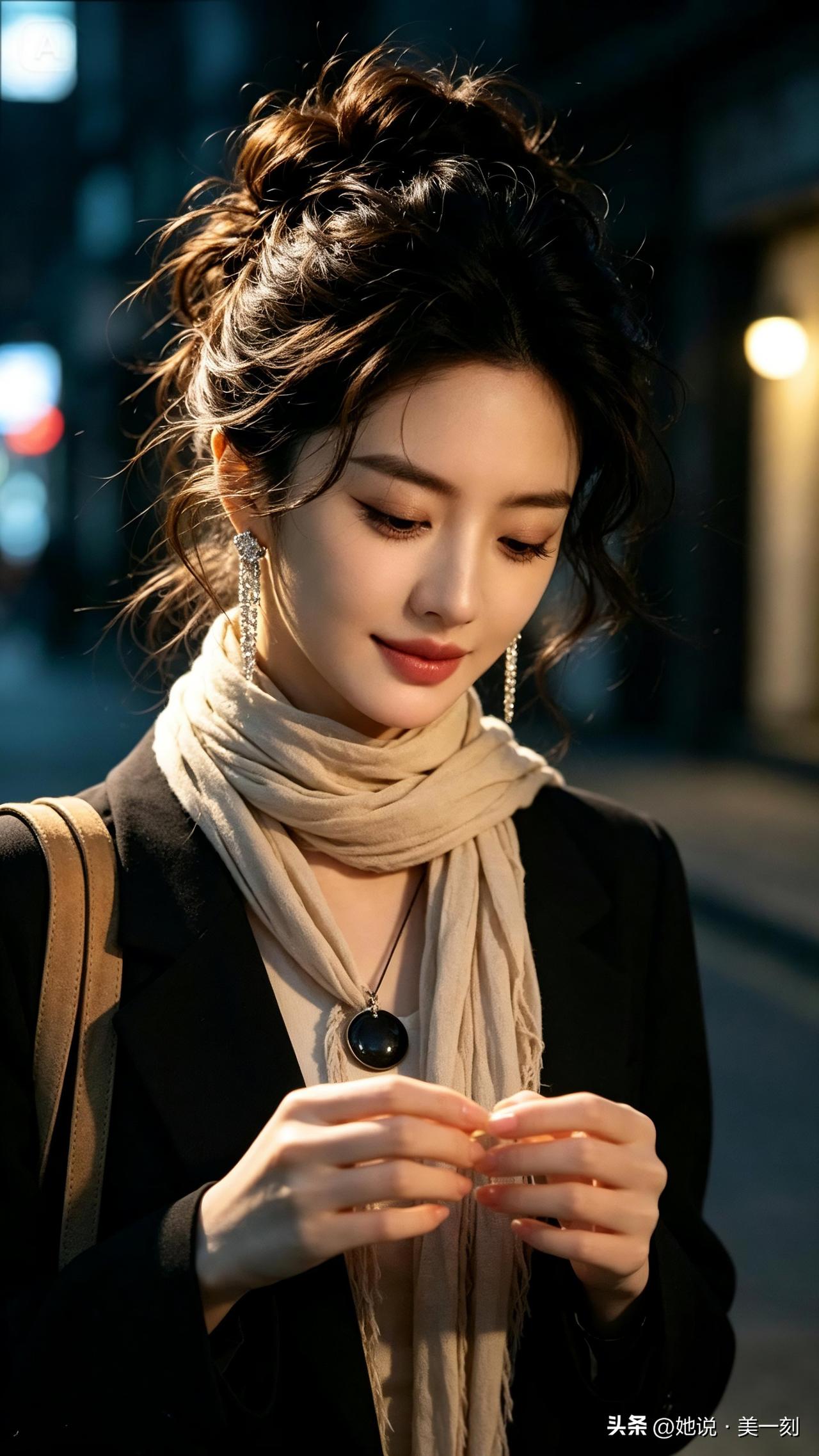 都市夜色中的优雅女性，沉思的瞬间，温柔如水。