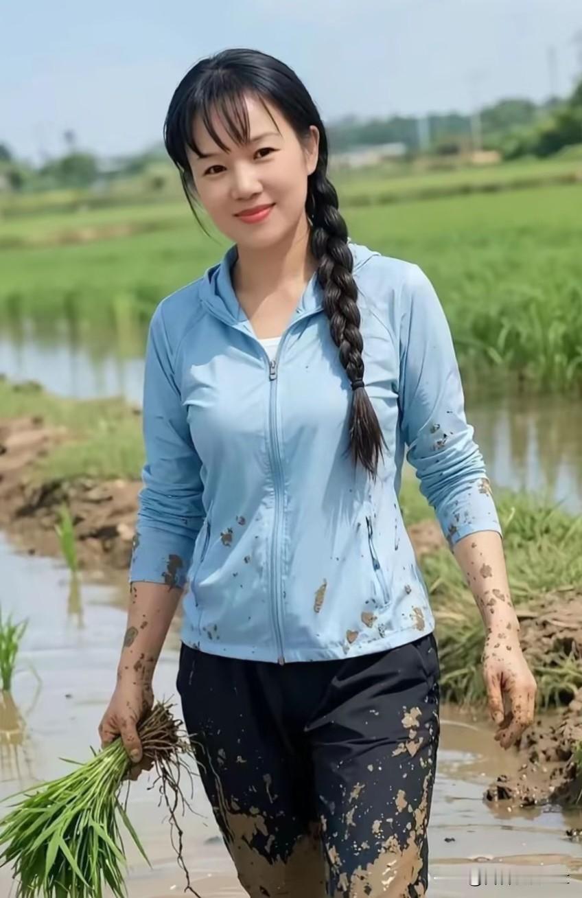 七律·插秧女
 
辫垂云鬓下田忙，
手把新秧带露香。
汗浸蓝衫沾浅绿，
泥侵黑裤